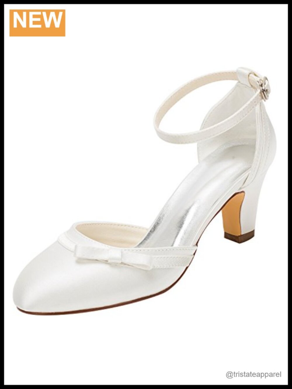 Satin Wedding Pumps High Heel Round Toe Ankle Strap Bow Bridal Shoes